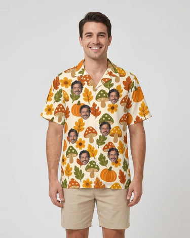 Retro 70s Harvest Thanksgiving Hawaiian Shirt with printed faces, worn by a man