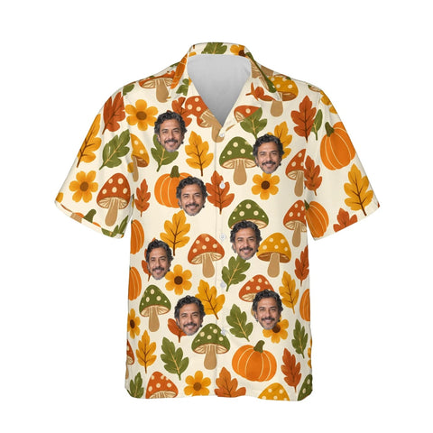 Retro 70s Harvest Thanksgiving Hawaiian Shirt personalized with printed faces, front view