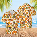 Retro 70s Harvest Thanksgiving Hawaiian Shirt with custom faces, front and back