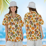 Woman wearing the Retro 70s Harvest Thanksgiving Hawaiian Shirt with custom faces, front and back view