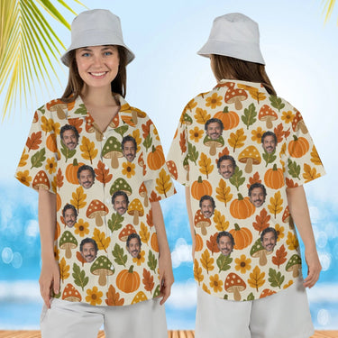 Woman wearing the Retro 70s Harvest Thanksgiving Hawaiian Shirt with custom faces, front and back view