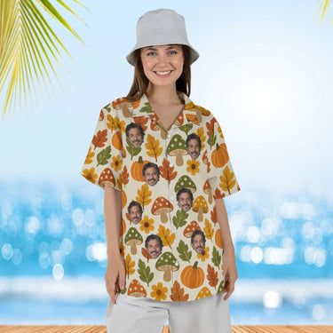 Woman wearing the Retro 70s Harvest Thanksgiving Hawaiian Shirt with custom faces