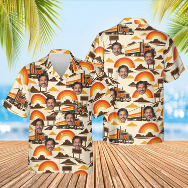 Retro 70s Trucker Hawaiian Shirt with custom faces, front and back