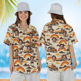Woman wearing the Retro 70s Trucker Hawaiian Shirt with custom faces, front and back view