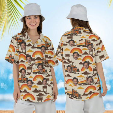 Woman wearing the Retro 70s Trucker Hawaiian Shirt with custom faces, front and back view