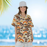 Woman wearing the Retro 70s Trucker Hawaiian Shirt with custom faces
