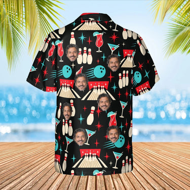 Retro Alley Hawaiian Bowling Shirt with custom faces, back view
