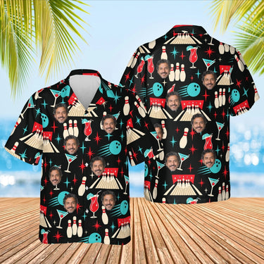 Retro Alley Hawaiian Bowling Shirt with custom faces, front and back