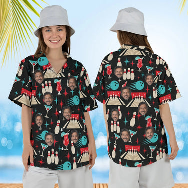 Woman wearing the Retro Alley Hawaiian Bowling Shirt with custom faces, front and back view