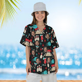 Woman wearing the Retro Alley Hawaiian Bowling Shirt with custom faces