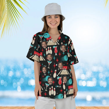 Woman wearing the Retro Alley Hawaiian Bowling Shirt with custom faces