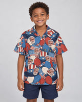 Retro American Patriotism Hawaiian shirt with printed faces, worn by a child
