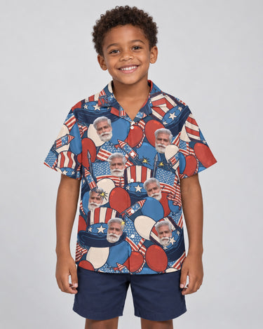Retro American Patriotism Hawaiian shirt with printed faces, worn by a child