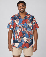 Retro American Patriotism Hawaiian shirt with printed faces, worn by a man