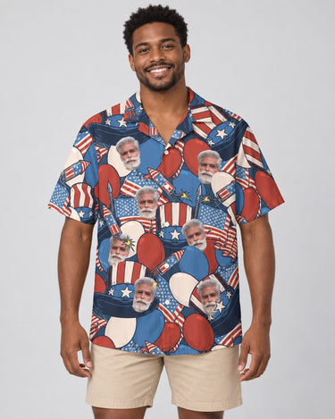 Retro American Patriotism Hawaiian shirt with printed faces, worn by a man