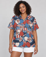 Retro American Patriotism Hawaiian shirt with printed faces, worn by a woman