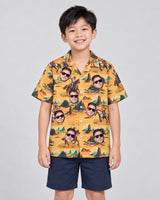 Retro Cowboy Rider Hawaiian shirt with printed faces, worn by a child
