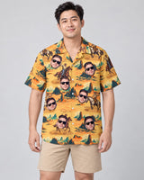 Retro Cowboy Rider Hawaiian shirt with printed faces, worn by a man