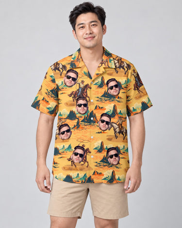 Retro Cowboy Rider Hawaiian shirt with printed faces, worn by a man