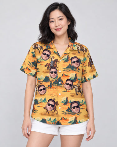 Retro Cowboy Rider Hawaiian shirt with printed faces, worn by a woman