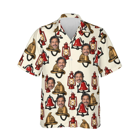 Retro Fire Station Firefighter Hawaiian Shirt personalized with printed faces, front view