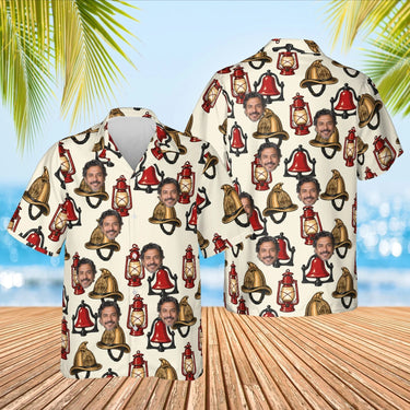 Retro Fire Station Firefighter Hawaiian Shirt with custom faces, front and back