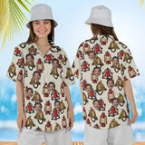 Woman wearing the Retro Fire Station Firefighter Hawaiian Shirt with custom faces, front and back view