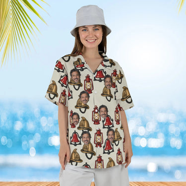 Woman wearing the Retro Fire Station Firefighter Hawaiian Shirt with custom faces