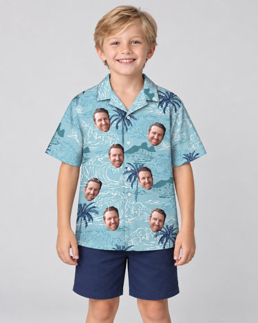 Retro Ocean Wave Hawaiian shirt with printed faces, worn by a child