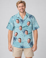 Retro Ocean Wave Hawaiian shirt with printed faces, worn by a man