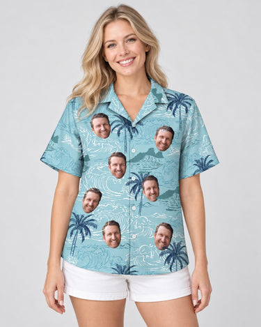 Retro Ocean Wave Hawaiian shirt with printed faces, worn by a woman