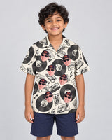 Retro Record Vibes Hawaiian shirt with printed faces, worn by a child