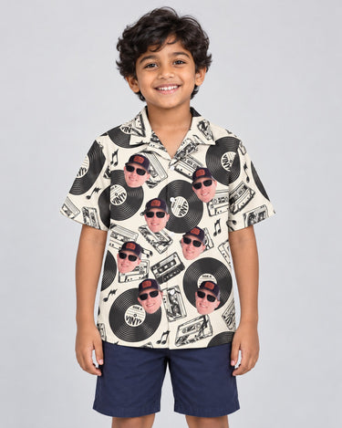 Retro Record Vibes Hawaiian shirt with printed faces, worn by a child