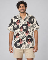 Retro Record Vibes Hawaiian shirt with printed faces, worn by a man