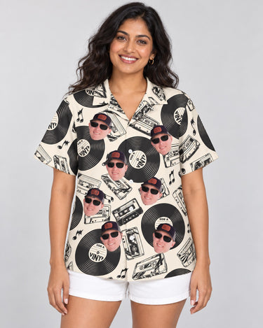 Retro Record Vibes Hawaiian shirt with printed faces, worn by a woman