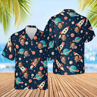 Retro Rocket Sci-Fi Hawaiian Shirt with custom faces, front and back