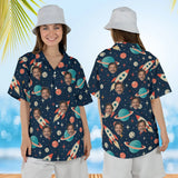 Woman wearing the Retro Rocket Sci-Fi Hawaiian Shirt with custom faces, front and back view