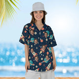 Woman wearing the Retro Rocket Sci-Fi Hawaiian Shirt with custom faces