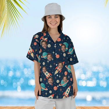 Woman wearing the Retro Rocket Sci-Fi Hawaiian Shirt with custom faces