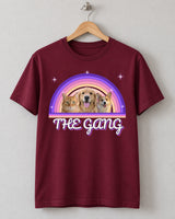 Maroon custom pet retro sunset t-shirt on a wooden hanger with three pets in front of purple and pink rainbow arcs and the name The Gang