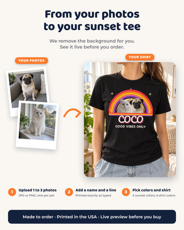 From your photos to your retro sunset shirt: upload 1 to 3 pet photos, add a name and a line, pick the sunset colors and order