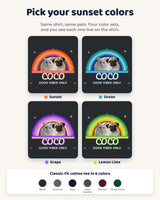 Four sunset color sets for the pet retro sunset t-shirt: sunset, ocean, grape and lemon lime, plus six shirt colors