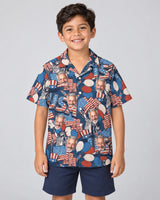 Retro USA Flag Hawaiian shirt with printed faces, worn by a child