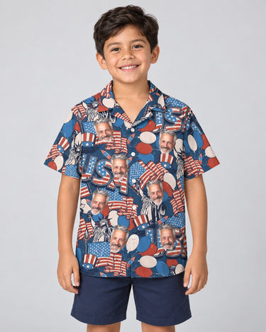 Retro USA Flag Hawaiian shirt with printed faces, worn by a child