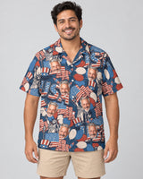 Retro USA Flag Hawaiian shirt with printed faces, worn by a man