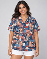 Retro USA Flag Hawaiian shirt with printed faces, worn by a woman