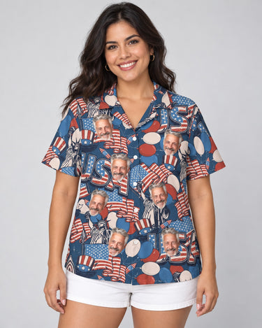 Retro USA Flag Hawaiian shirt with printed faces, worn by a woman