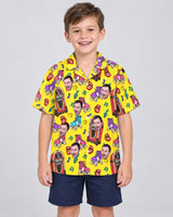 Retro Vinyl Vibes Hawaiian shirt with printed faces, worn by a child