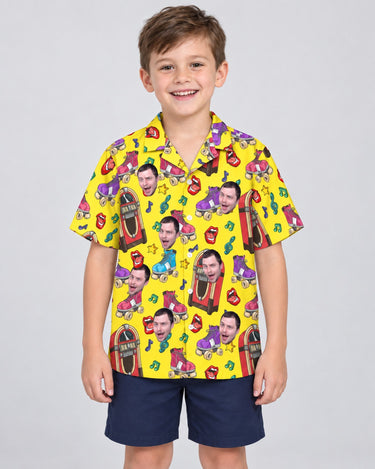 Retro Vinyl Vibes Hawaiian shirt with printed faces, worn by a child