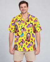 Retro Vinyl Vibes Hawaiian shirt with printed faces, worn by a man